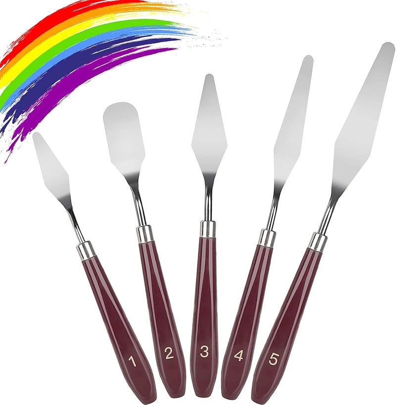 LIERFIS Palette Knife Set, 5 Pieces Stainless Steel Spatula Palette Knives Painting Accessories Art Supplies for Oil Painting, Gouache, Watercolor, Rock Painting,Red - Image 1
